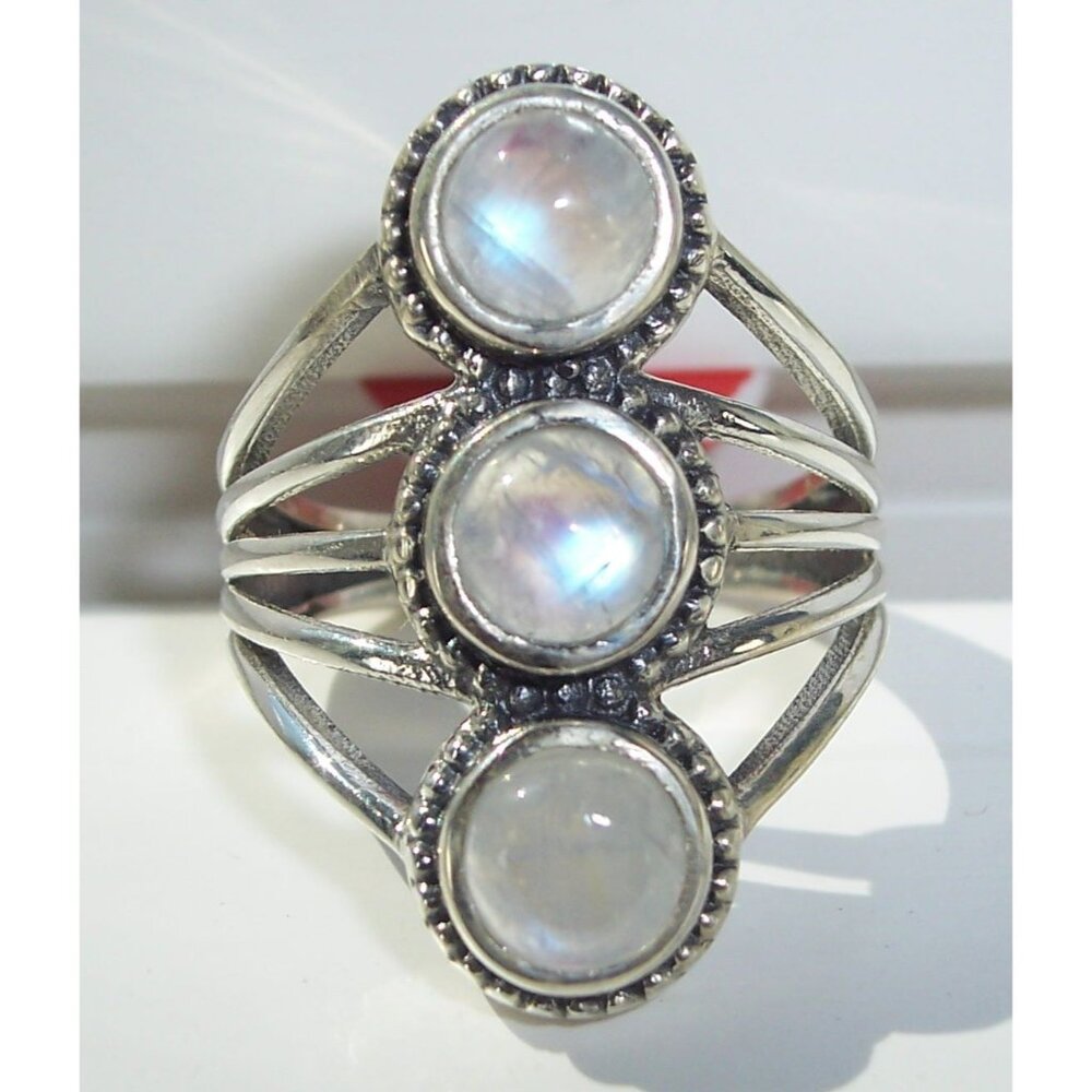 925 STERLING SILVER Genuine Rainbow Moonstone Statement Ring